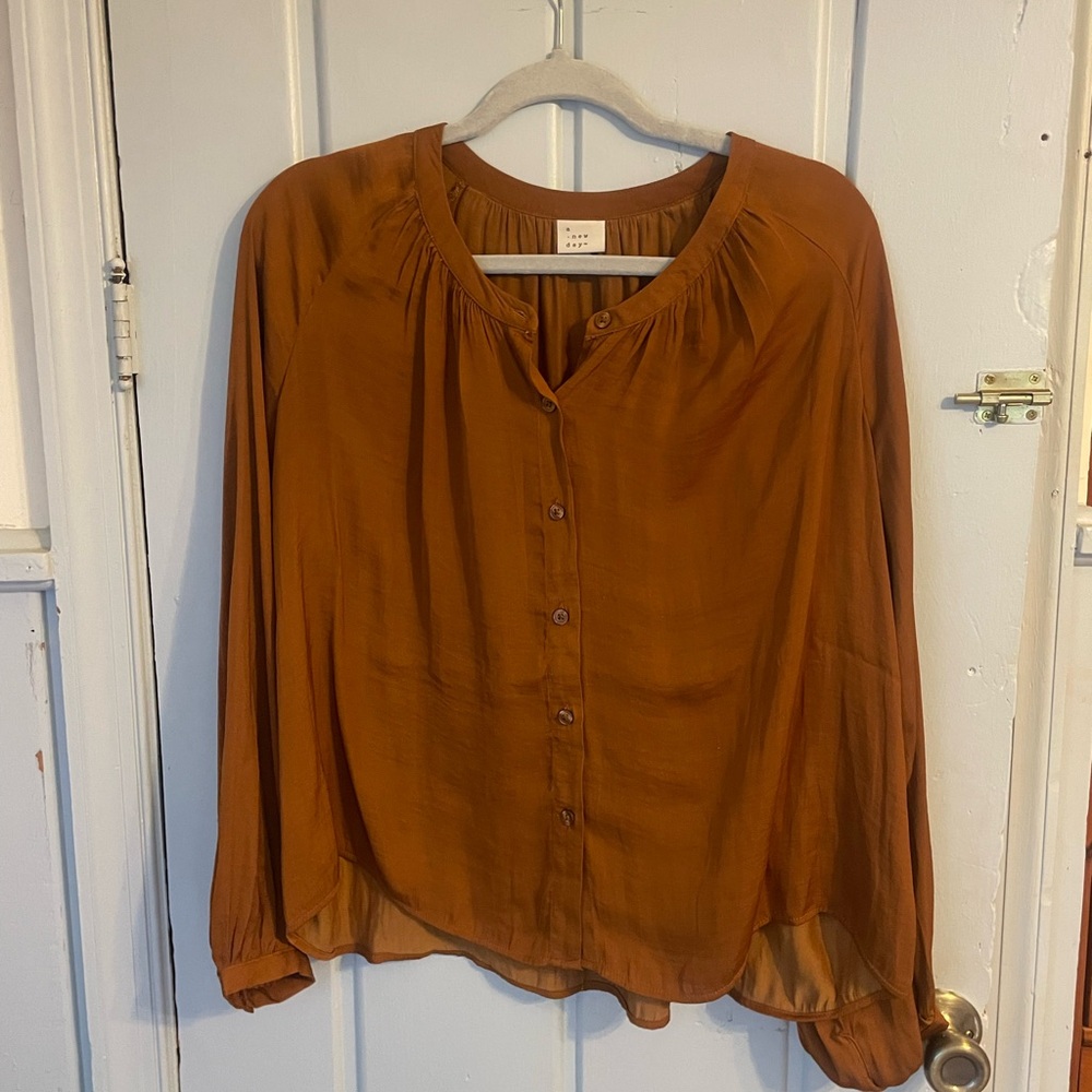 a new day Satin Rust Button-Up Blouse from Target